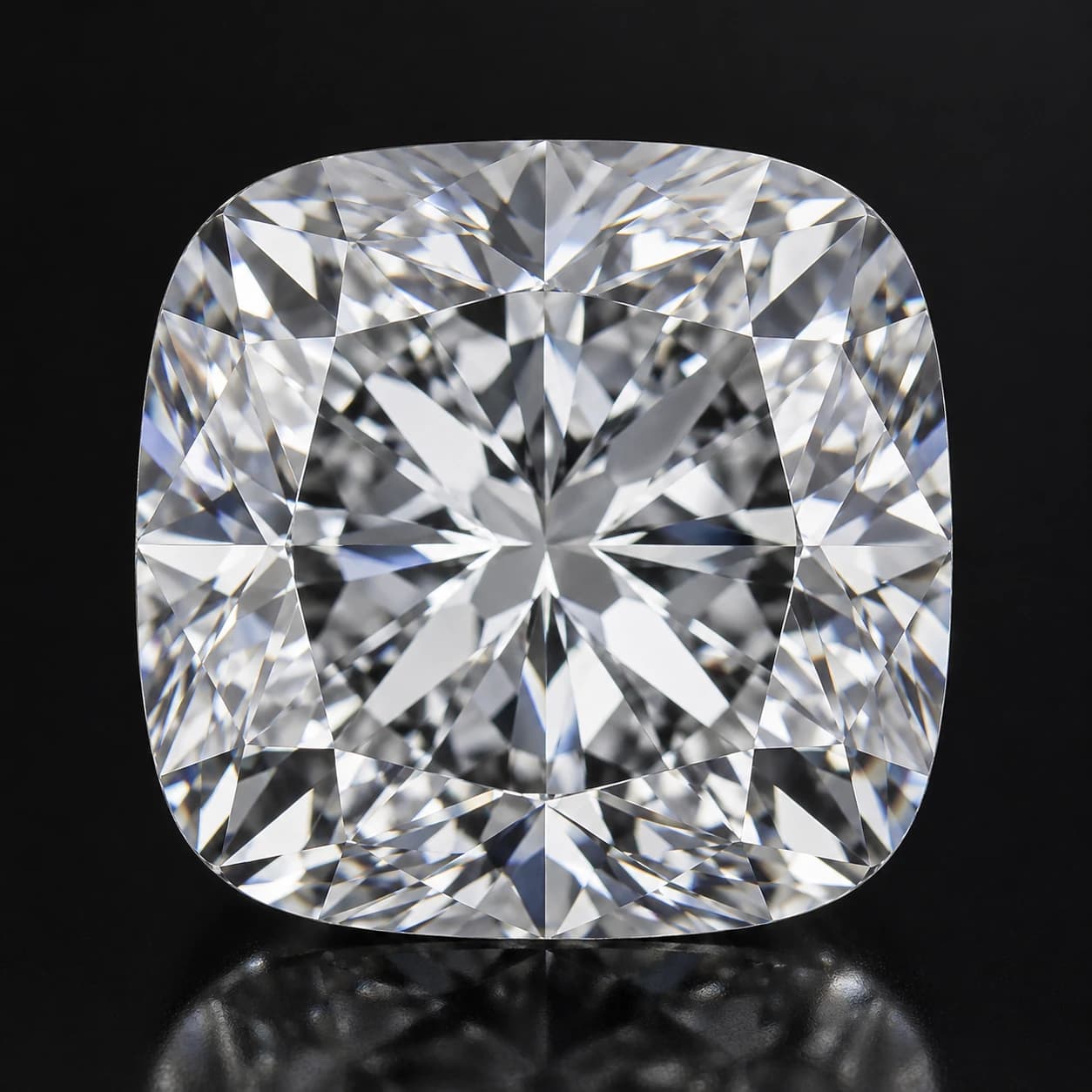 Diament laboratoryjny Cushion na ciemnym tle premium — detal faset macro