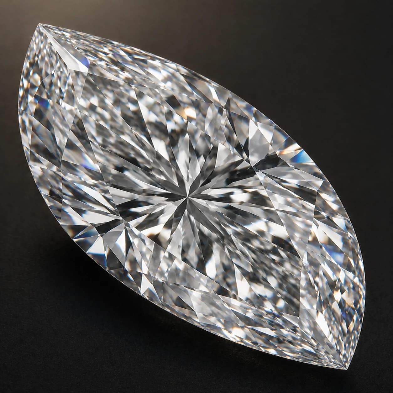 Diament laboratoryjny Marquise na ciemnym tle premium — detal faset macro