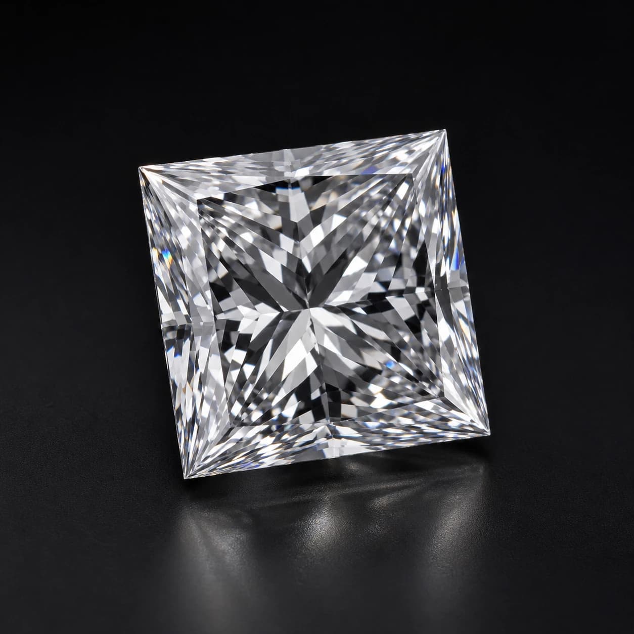 Diament laboratoryjny Princess na ciemnym tle premium — ujęcie pod kątem