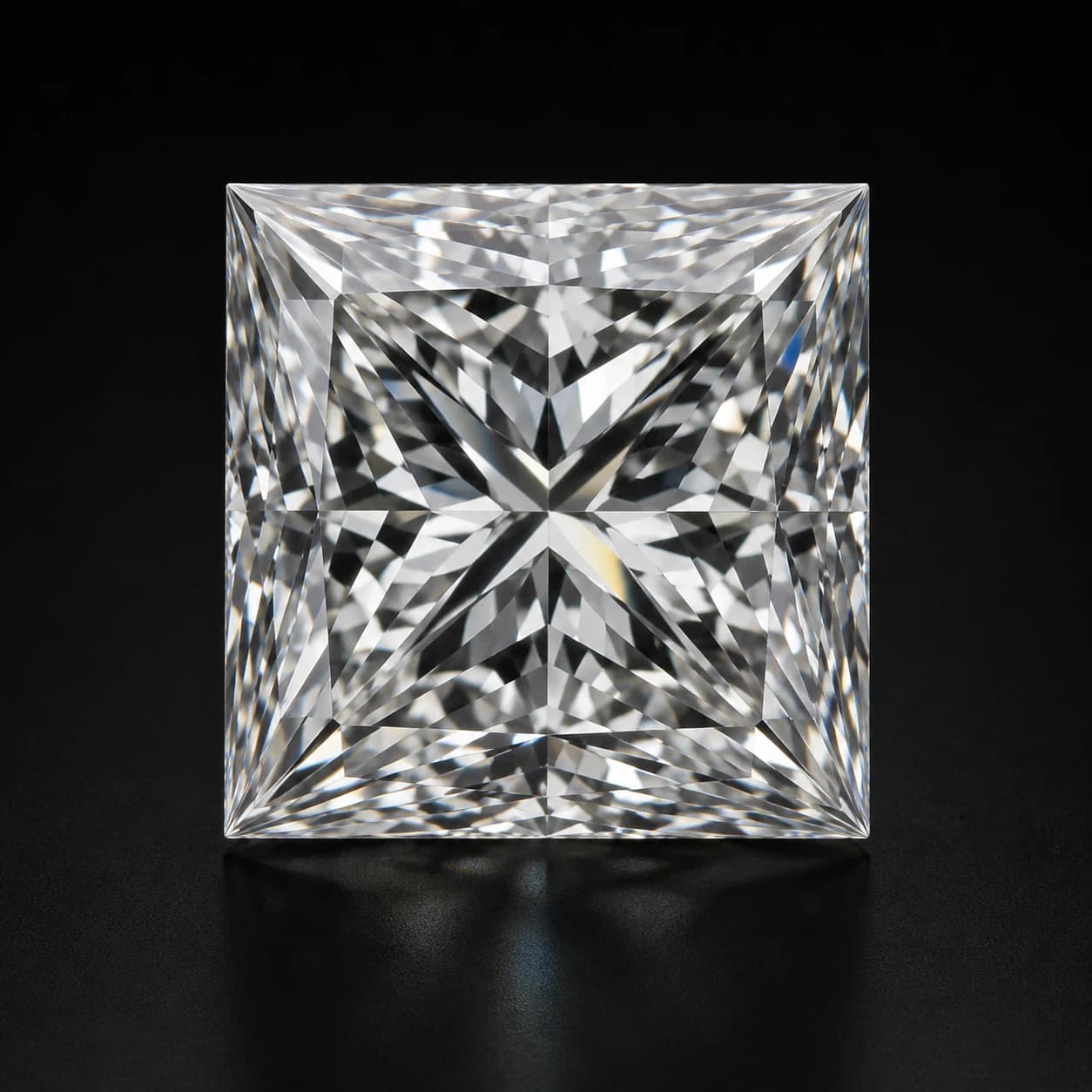 Diament laboratoryjny Princess na ciemnym tle premium — detal faset macro