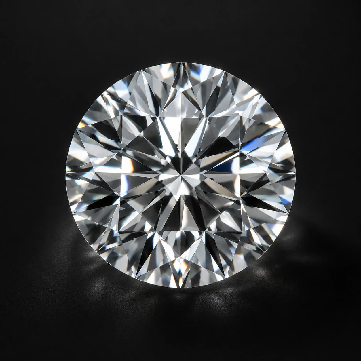 Diament laboratoryjny Round Brilliant na ciemnym tle premium — detal faset macro