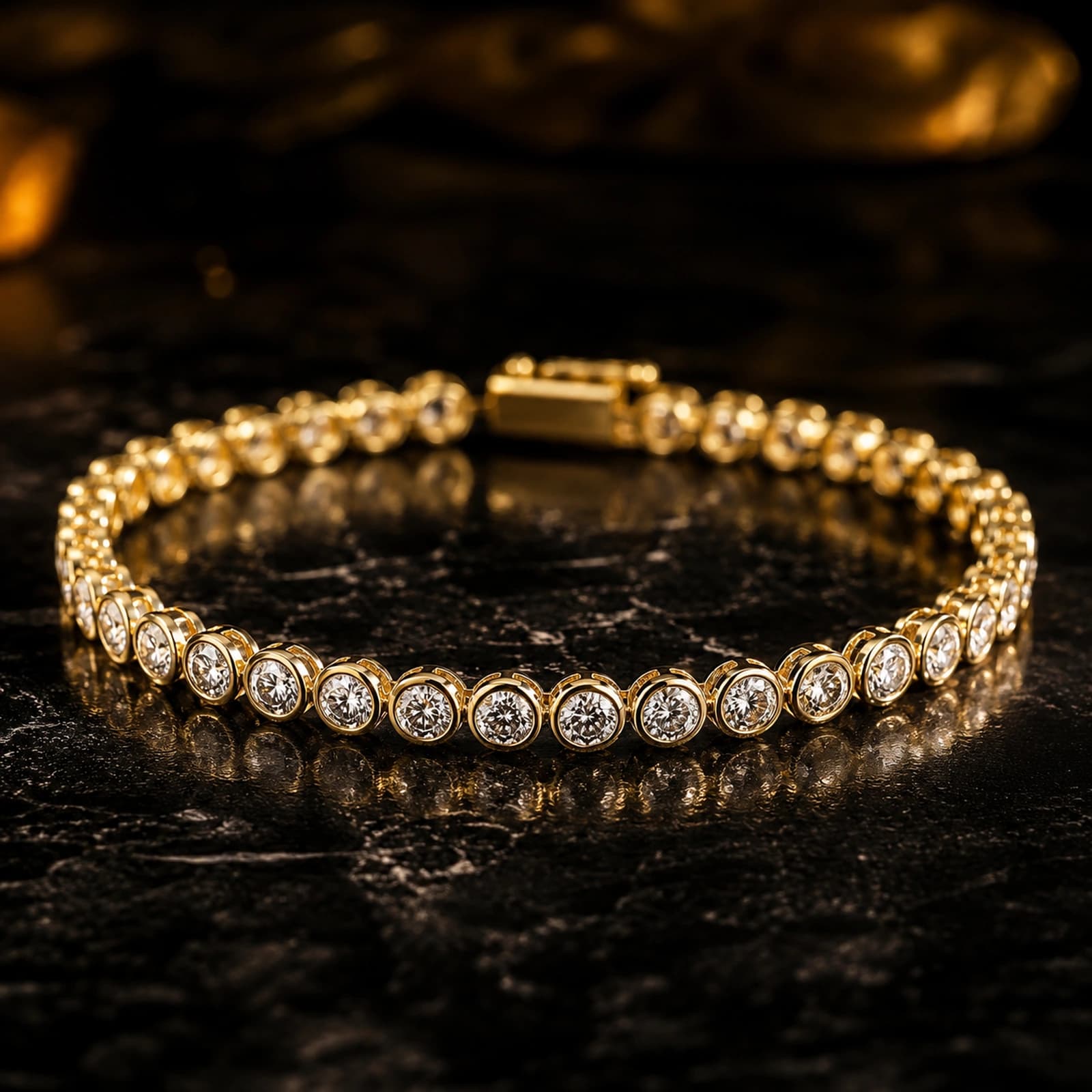 Bransoletka bezel tennis z diamentami laboratoryjnymi w żółtym złocie na ciemnym tle