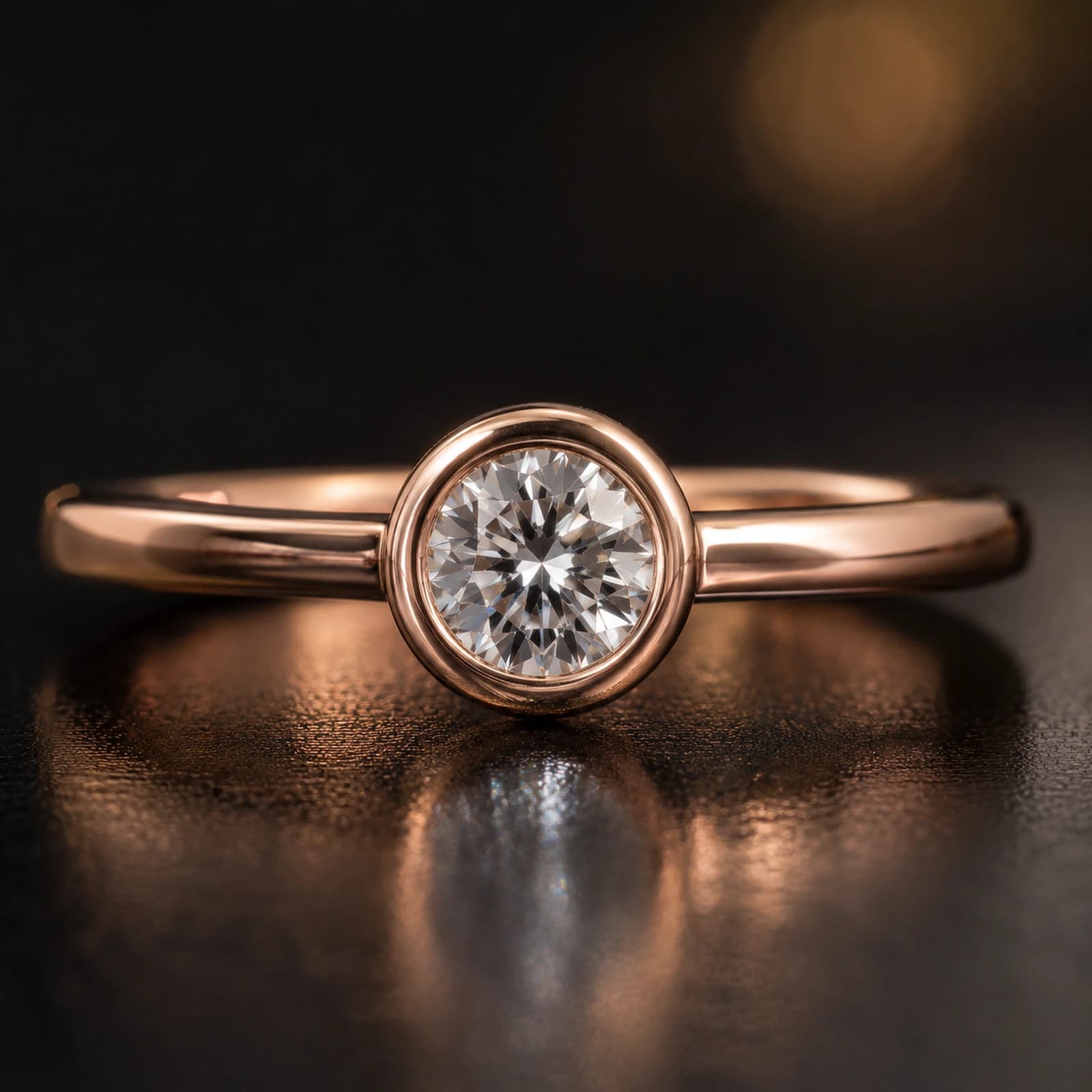 Bezel solitaire ring 1.00 ct in rose gold on a dark luxury background