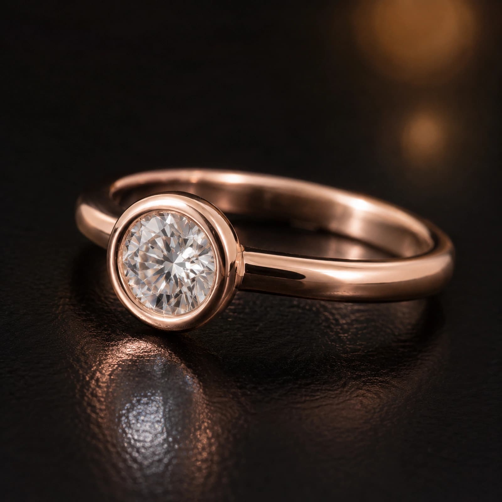 Bezel solitaire ring 1.00 ct in rose gold, angled product view