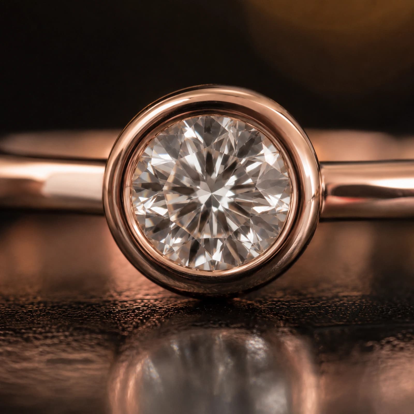 Bezel solitaire ring 1.00 ct in rose gold, setting and diamond detail