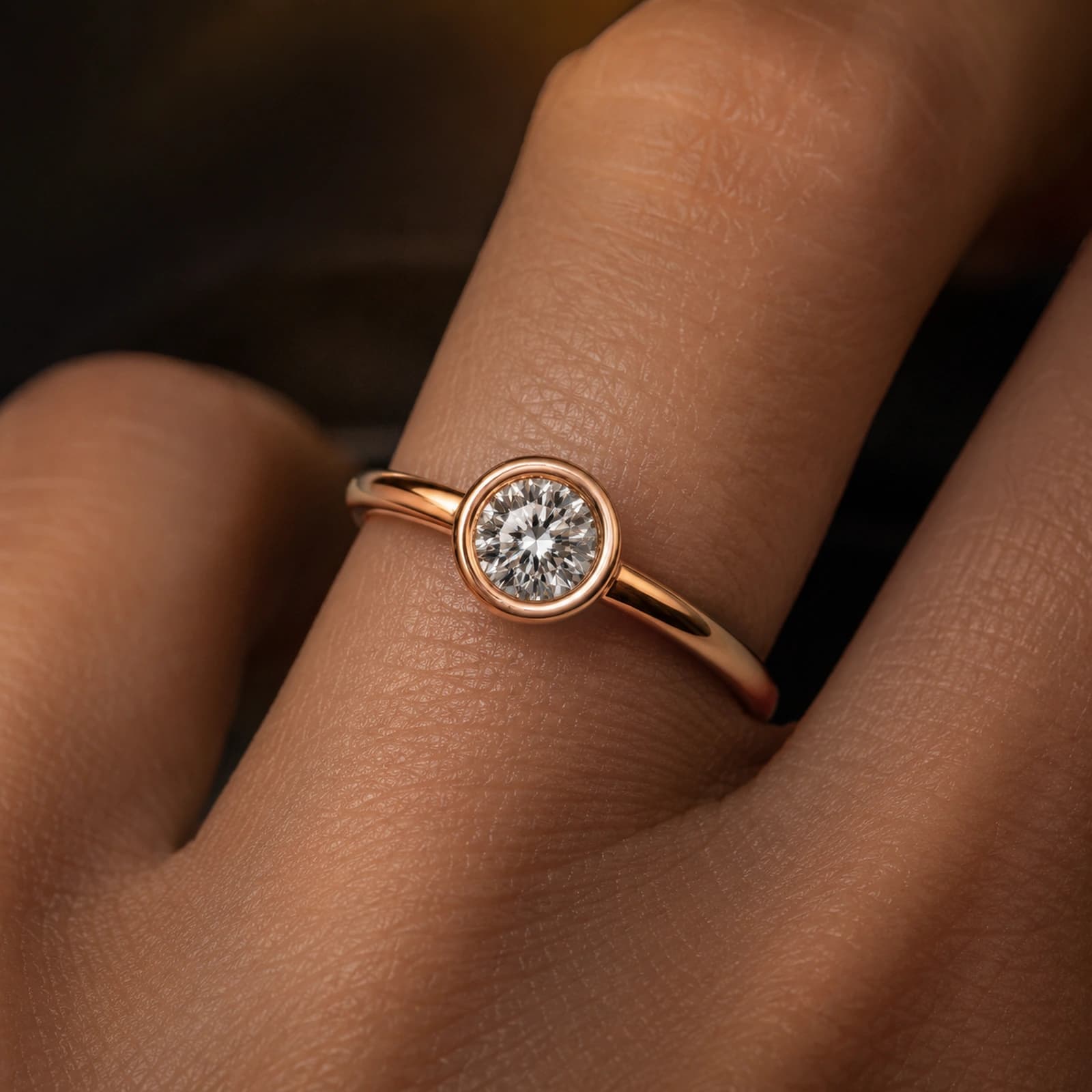 Bezel solitaire ring 1.00 ct in rose gold, worn view