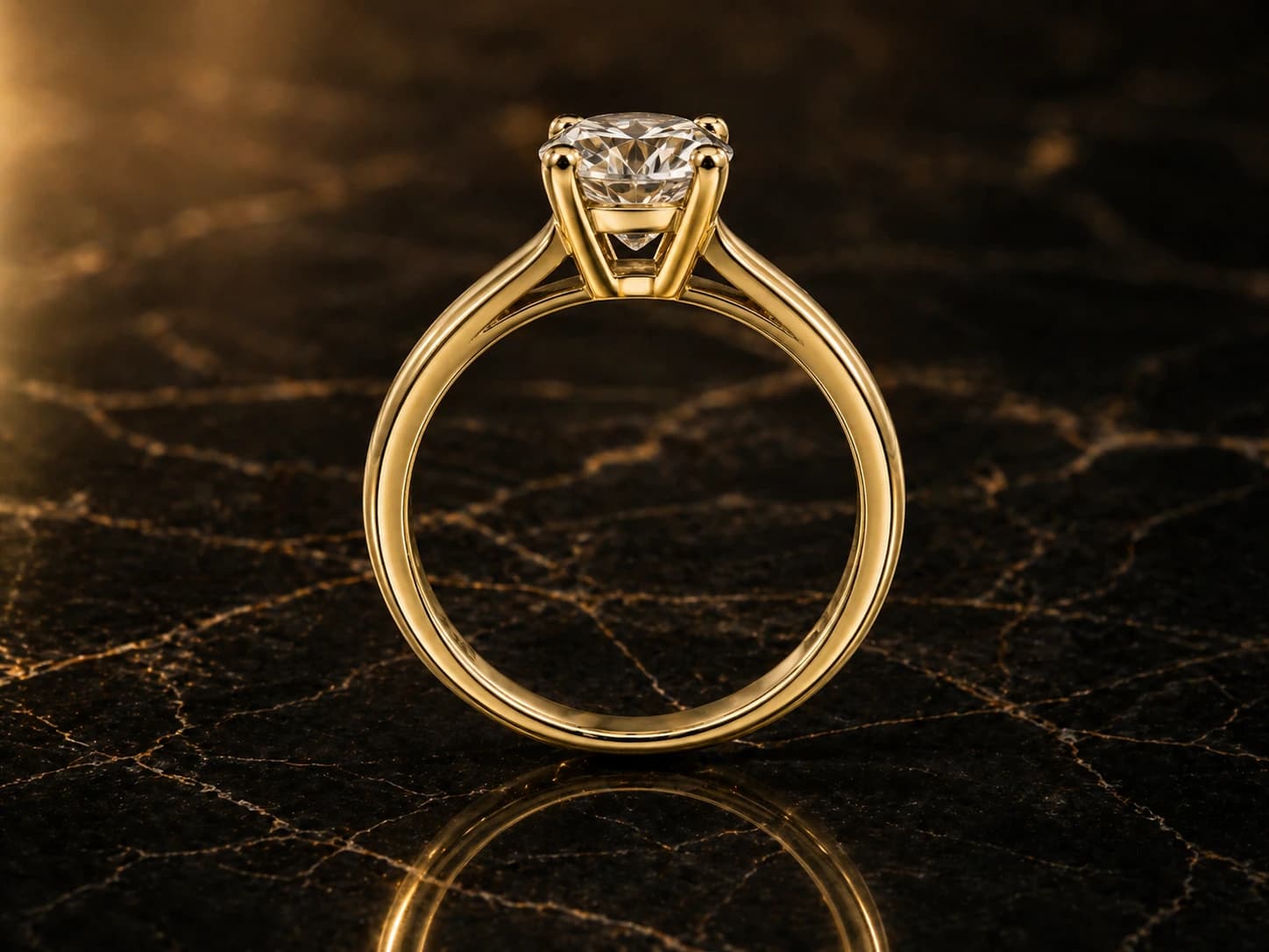 Pierścionek solitaire z diamentem w żółtym złocie, oprawa 4 pazurki — detal produktu