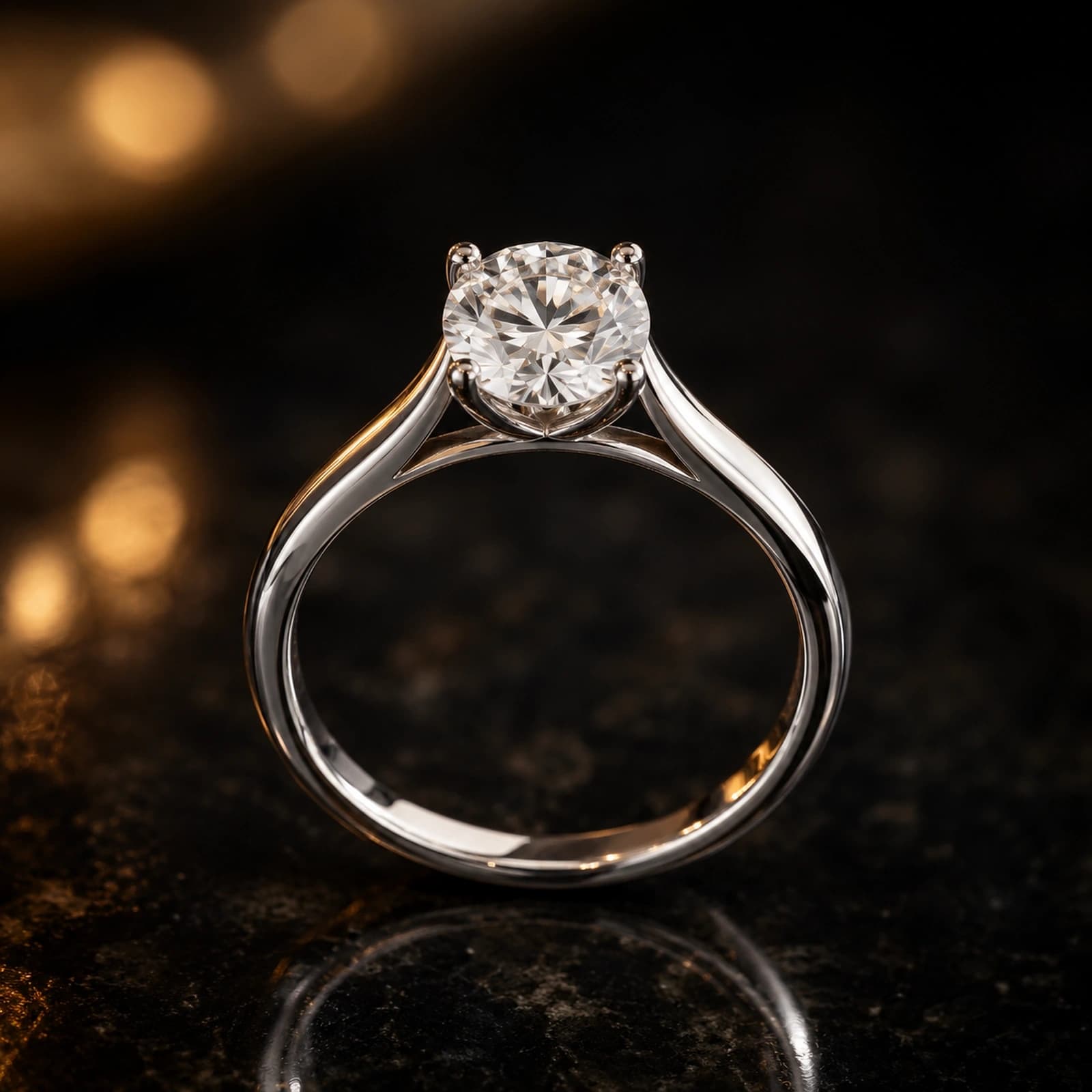 Cathedral solitaire ring 1.00 ct in white gold on a dark luxury background