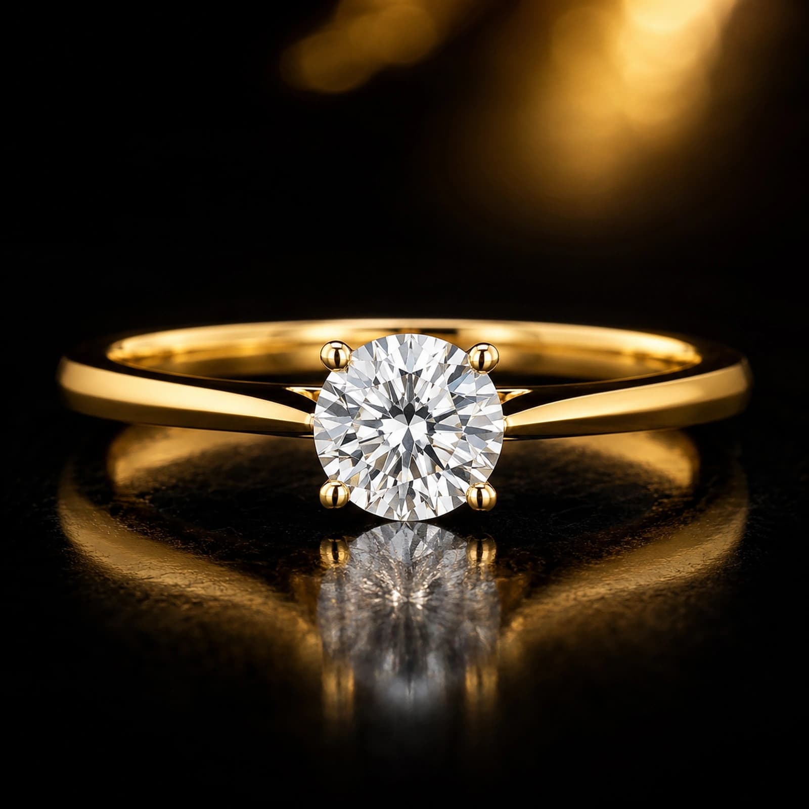 Pierścionek knife-edge solitaire z diamentem laboratoryjnym w żółtym złocie na ciemnym tle